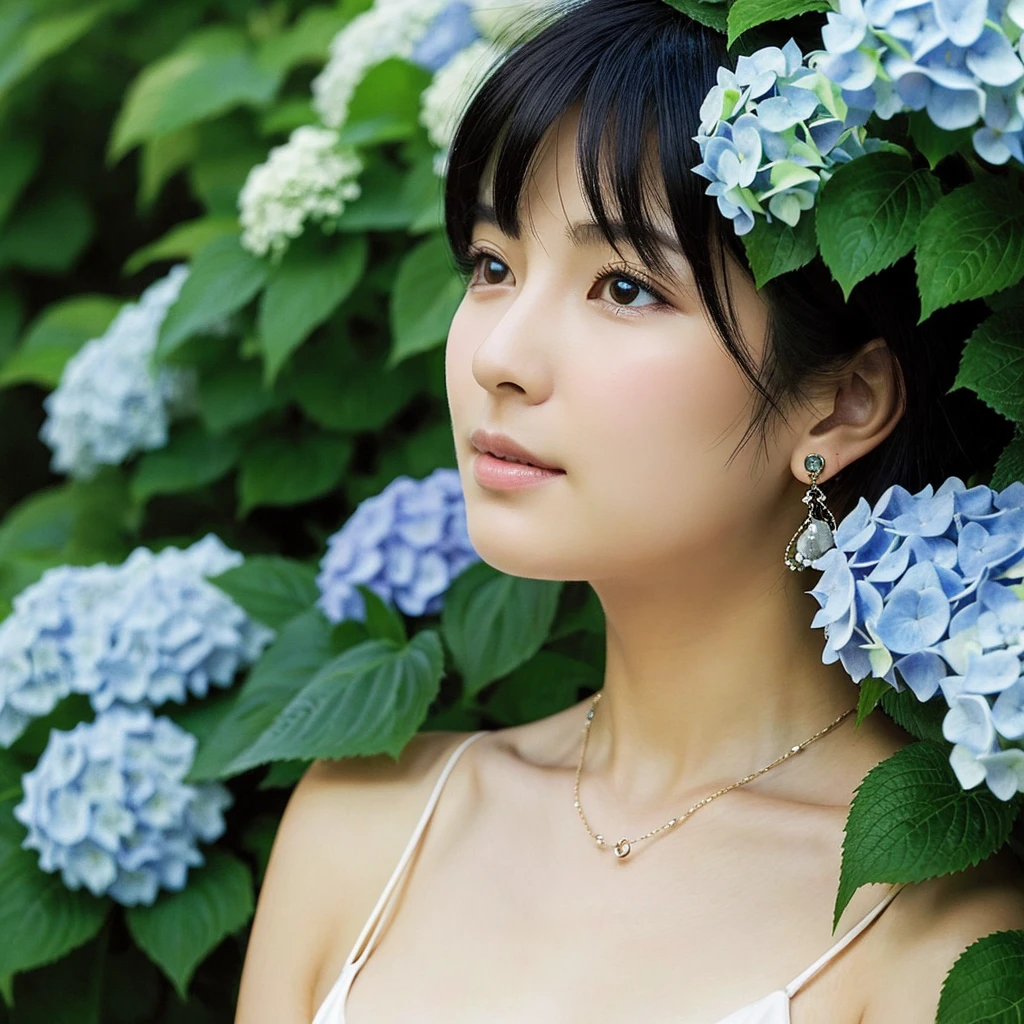 A hydrangea garden shrouded in a fantastic morning mist、Illustration of a Japanese woman strolling、Short black hair、Her facial features resemble those of Tsubaki Sannomiya、Coquettish feeling、A gentle expression with a touch of sadness、Small earrings and a matching necklace、Black Bikini