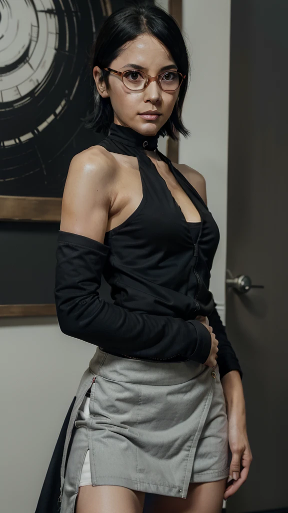 ((Matserpiece)), best quality, highres, Sarada, age up, mature, adult, time skip, sort hair, thin glasses, bare shoulder, black jacket, tube top, black tube top, simple back grounr, sexy pose, black eyes, black hair, close up, earing, collarbone, uchiha symbol earing, very short hair, tomboy hair, tomboy, long tube top, choker, (boruto two blue vortex), half body, belt, skirt,