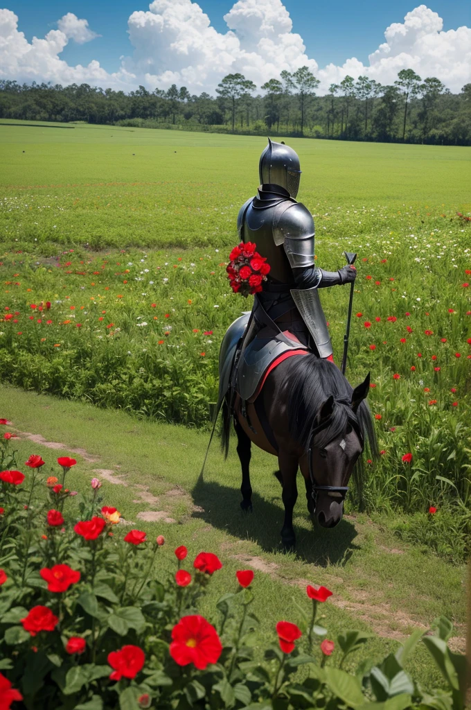 A knight in black armor with scratches, with a red flower in hand, the knight is looking at the flower, They are in the middle of a plantation with different vegetables of different sizes, the angle is a plong, 3/4, not so far away, the sky is blue and completely clear of clouds, the ground has beautiful green grass