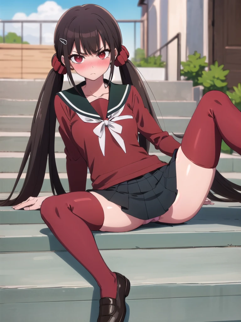 ((anime:1.25)),((best quality)), ((highly detailed)),(((sketch))) extremely detailed face, beautiful face,((1girl)),((solo)),shiny skin,((cowboy shot)),(tall body, tall, long legs, mature female, mature, adult),Harumaki, red eyes, brown hair, low twintails, red scrunchie, blunt bangs,hairclip, white bow, ((red serafuku)), ((red serafuku)), black sailor collar, black skirt, pleated skirt, sleeves rolled up,
,((vagina)),((vagina))((vagina)) ,((nose blush:1.15)),((curvy)),,(bad mood:1.1),(looking at viewer),BREAK ((stairs:1.35)),,((sitting:1.35))outdoors,,BREAK ((spread legs:1.55)),((red thighhighs:1.25)) ,BREAK ((dark brown shoes:1.15)),(arm behind back),(arm behind back),(anus)(anus)