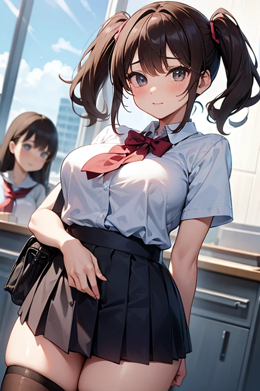 large breasts,(bascule breasts:1.5),(Chewy breasts,tender breasts:1.3),blouse,(clothed breasts:1.4),(Floating up breasts:1.1),school Shirt,(schooluniform),Attract the attention of the public,crowd,classroom,indoor,crowd,Twin tails,Brown Hair