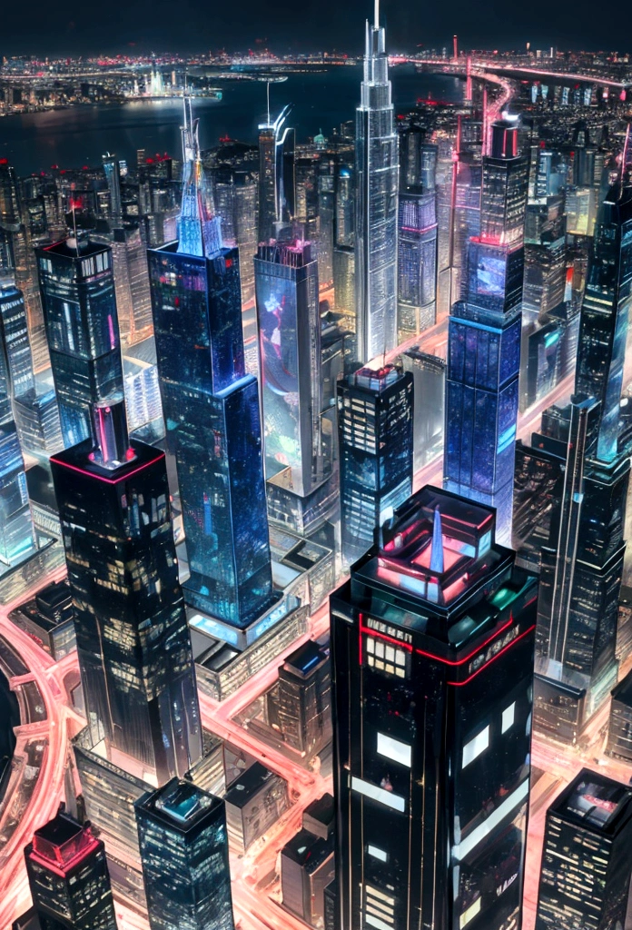 Generate an image of a futuristic city that blends the architectural styles and iconic elements of Dubai, Manhattan, and Tokyo. The cityscape should feature a mix of towering skyscrapers with the sleek, modern design of Dubai, the dense, grid-like structure of Manhattan, and the vibrant, neon-lit streets of Tokyo. Incorporate key elements such as Dubai's futuristic buildings and waterfront, Manhattan's iconic skyline and Central Park, and Tokyo's bustling Shibuya Crossing and traditional temples. The city should exude a cosmopolitan and energetic atmosphere, seamlessly integrating the distinct characteristics of these three cities into a cohesive urban environment.