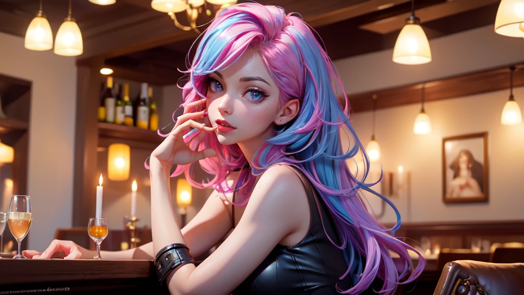 Best quality, Masterpiece, Portrait, Perfect anatomy, Femininity, Cool, Flawless, , Solo, Sexy, Stylish, Mature, Purple eyes, Long light pink hair, Mole above lip, Red lipstick, Big breasts, Outfit, in a cafe with girl with light blue hair drinking coffee