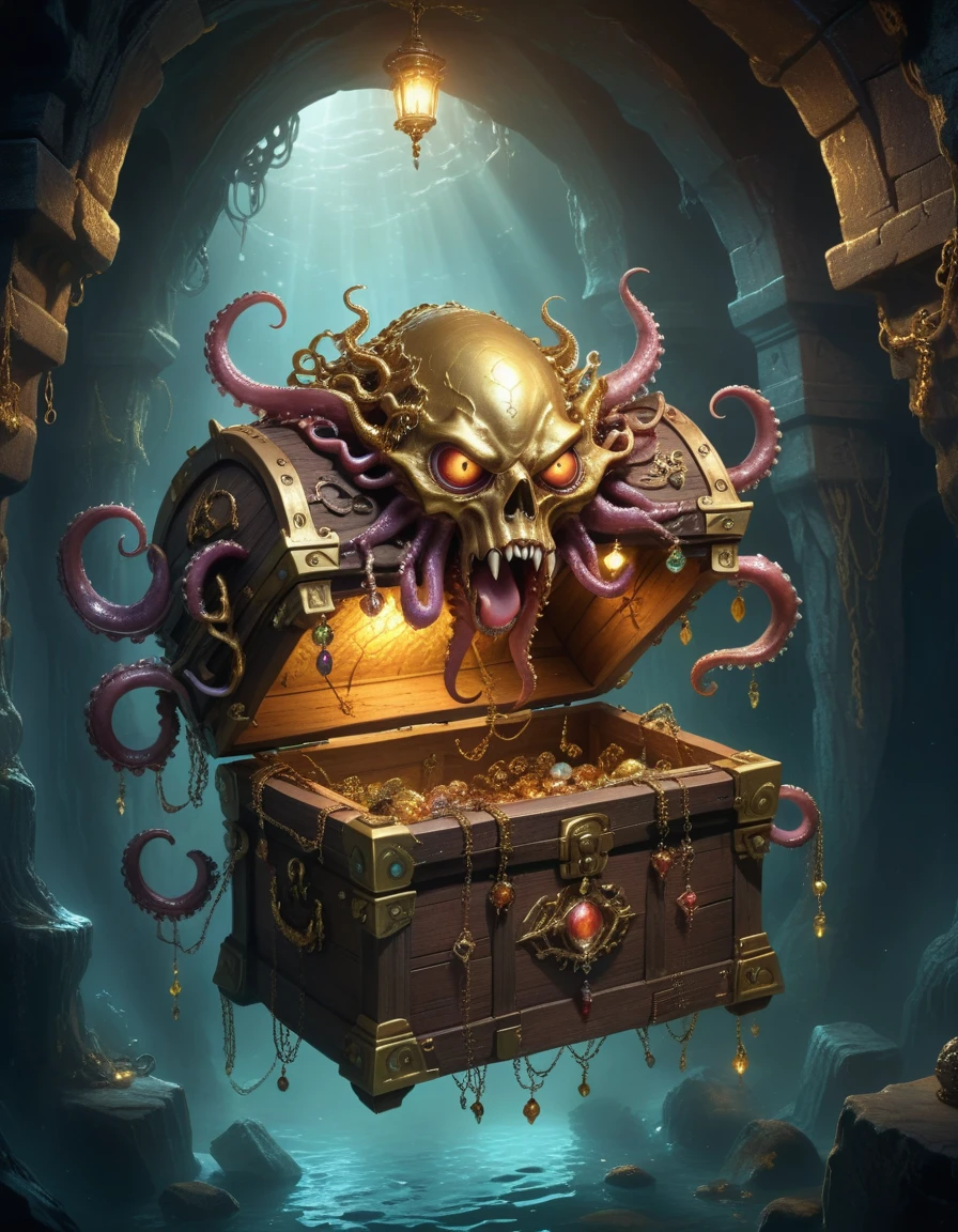 Dungeons，Floating in the air(Monster disguised as a treasure chest), Filled with jewels，1 eyes，One-Eye，Tongue，Tentacles， sharp claws and teeth, Very detailed, Complex design, Gorgeous gold embellishment, ,Ominous Presence, fantasy, Dark gloomy lights, Composition, Dramatic shadows, Rich colors, number, Concept Art, The award-winning，Luminescence example，Ray Tracing，Devout worshippers，