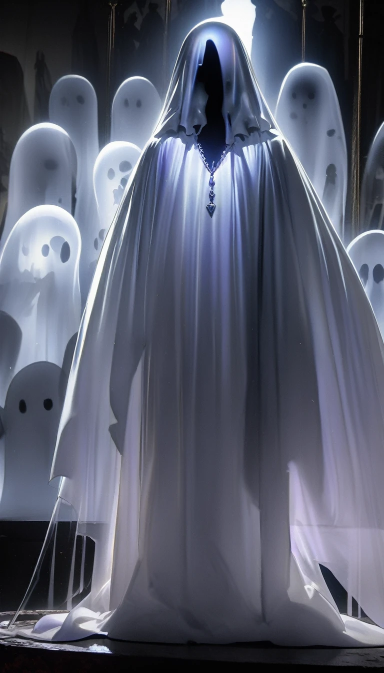 ghostly form, ghostly figure, shrouded figure, shadowy and eerie character, eerie person, eerie person silhouette, ghostly ghost, floating ghost, nick knight, distant full body view, mysterious figure, iridescent ghostly, zoomed out full body, transparent ghost screaming, facing front, medieval