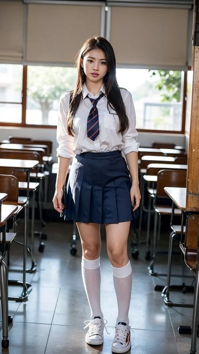 RAW photo, Low angle shot, ((25 years old, very cute schoolgirl)), (Indonesian girl school uniform), (wearing Indonesia school uniform), (Indonesia school uniform), (a hyperrealistic schoolgirl), (dressed as , hyperrealistic schoolgirl), wearing , realistic , girl wearing uniform, wearing a , a posing, full body, nice skin, glowing skin, nice thighs, glowing thigh, glowing legs, ((in a crowded class room)) (converse shoes with long socks until below of knees), perfect body, wet body: 1.3, tanned skin, standing, full body from feet until hair, y pose, sexook, sexy s, Indonesian school girl, nudes, bis exposet, nudes, big bos