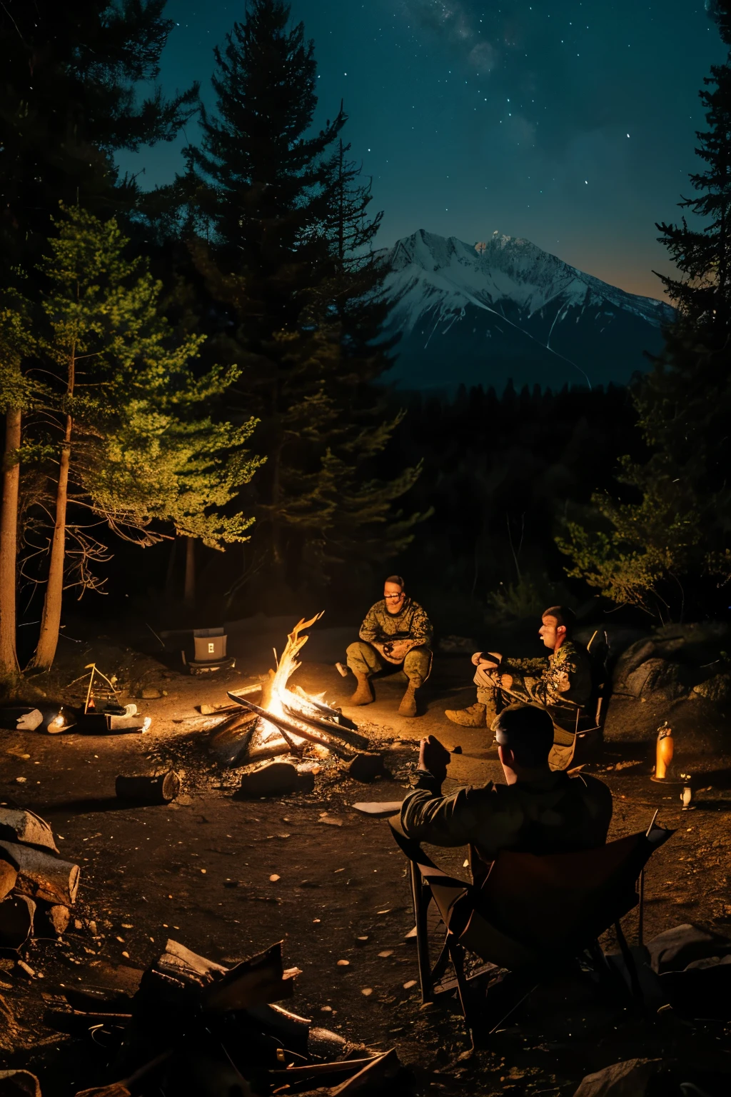 A 576×1024 px pixeleated image of 2 soldiers resting at a campfire in the dark next to a big pake and moutain and they are in the forest in there armor with weapons at there sides