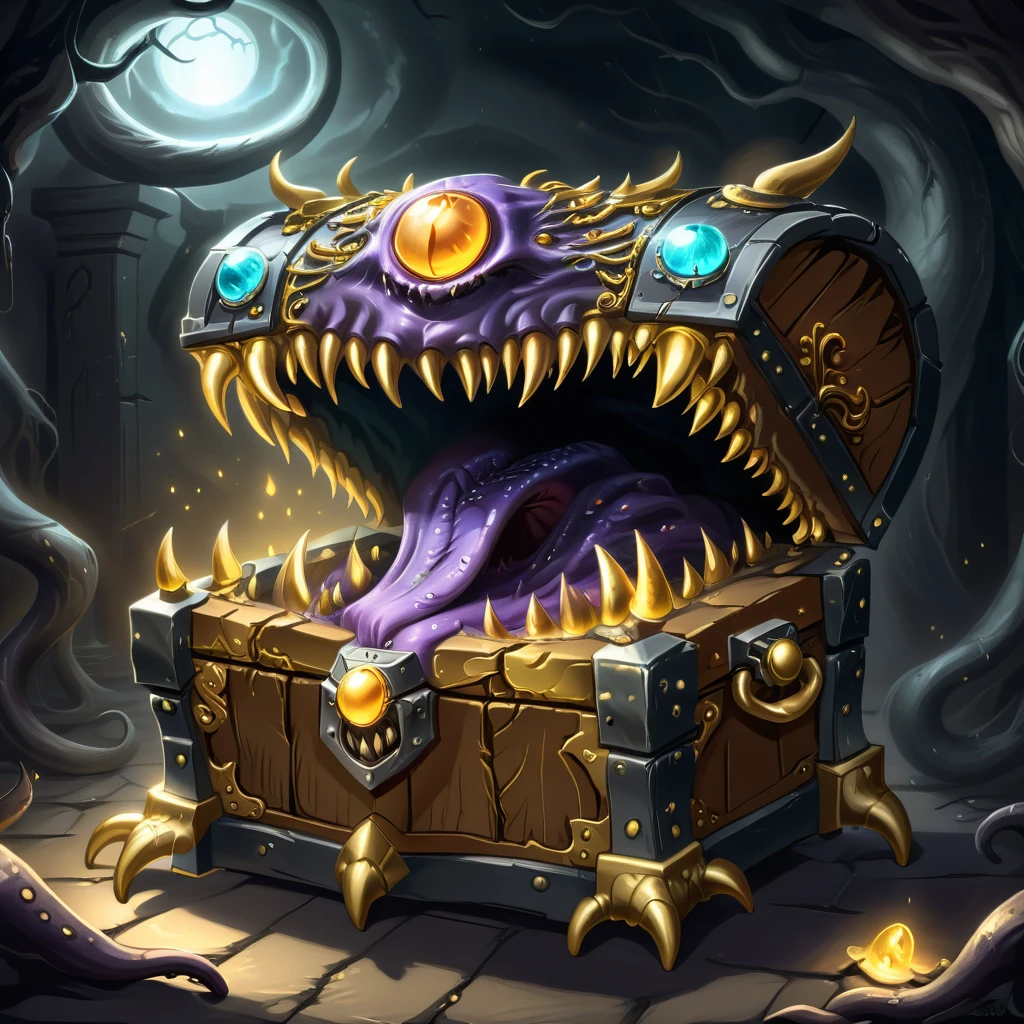 Monster disguised as a treasure chest, Very detailed, Complex design, Gorgeous gold embellishment, Shining Magic Aura, sharp claws and teeth, Ominous Presence, fantasy, Dark gloomy lights, Composition, Dramatic shadows, Rich colors, number, Concept Art, The award-winning