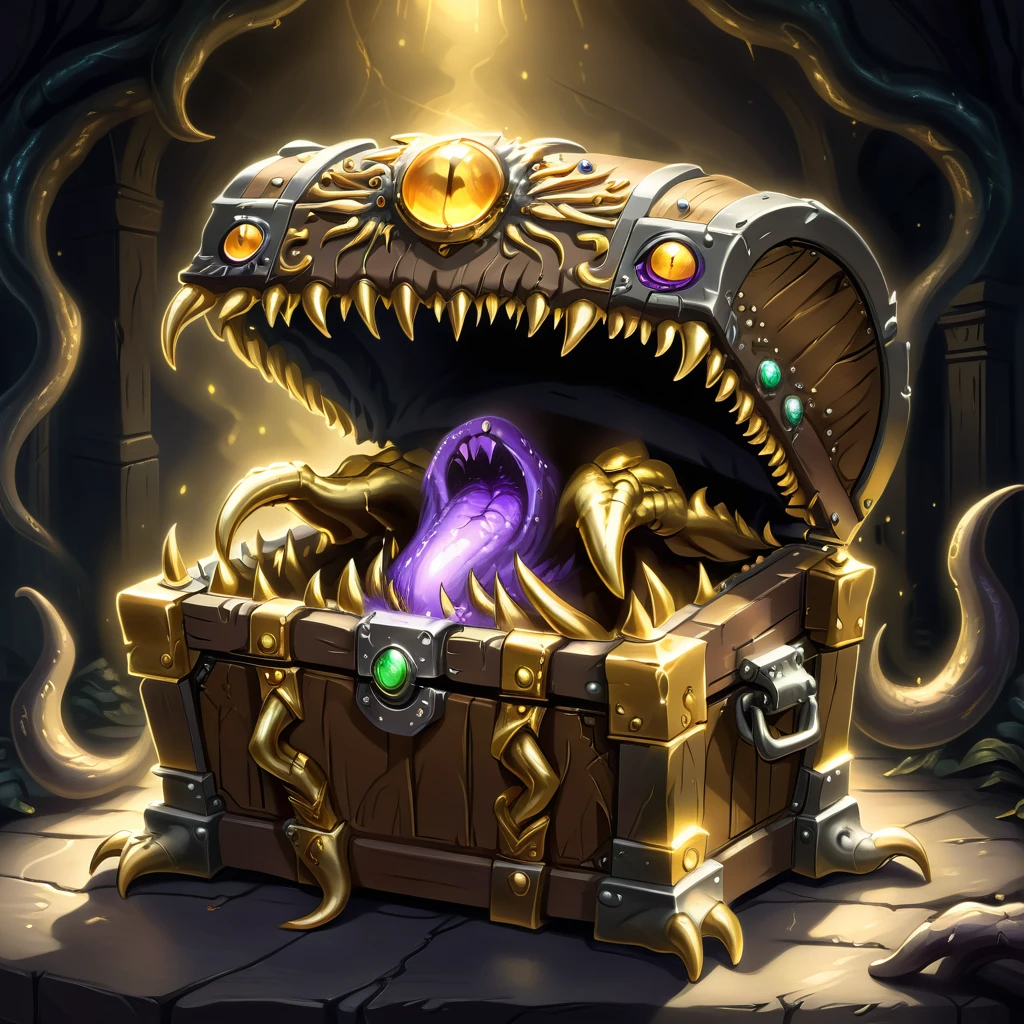 Monster disguised as a treasure chest, Very detailed, Complex design, Gorgeous gold embellishment, Shining Magic Aura, sharp claws and teeth, Ominous Presence, fantasy, Dark gloomy lights, Composition, Dramatic shadows, Rich colors, number, Concept Art, The award-winning