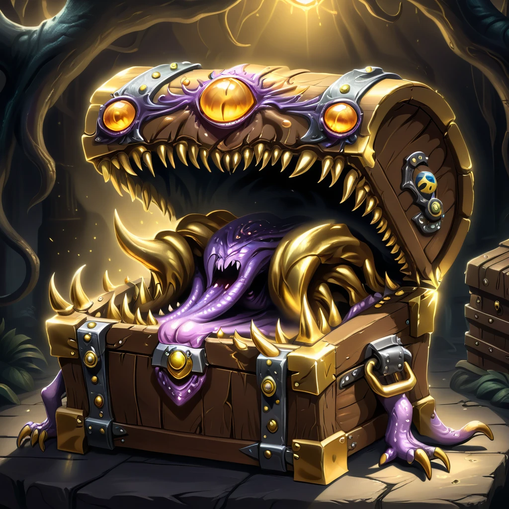 Monster disguised as a treasure chest, Very detailed, Complex design, Gorgeous gold embellishment, Shining Magic Aura, sharp claws and teeth, Ominous Presence, fantasy, Dark gloomy lights, Composition, Dramatic shadows, Rich colors, number, Concept Art, The award-winning