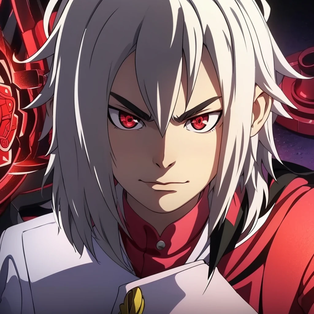 1 boy, shu kurenai, beyblade burst, looking at viewer, red eyes, white long hair, black and red coat, extremely detailed portrait, highly realistic, photorealistic, 8k, best quality, masterpiece, studio lighting, sharp focus, physically-based rendering, vivid colors, dramatic lighting