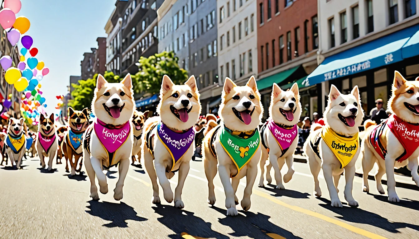 Therapy dogs participating in a "Wan-Nyan Festival" parade. Various breeds of dogs wearing colorful therapy vests or bandanas, walking proudly down a street. Excited spectators lining the sidewalks, cheering and waving. Dogs appear happy and animated, tails wagging. Festive atmosphere with banners and decorations. Handlers walking alongside the dogs, smiling. Bright, cheerful scene with a diverse crowd enjoying the parade.