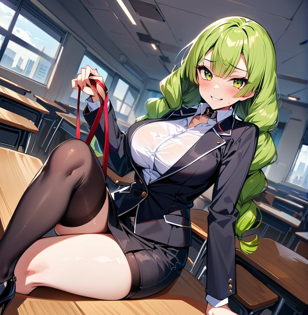 Mitsuri kanroji,sitting on desk, sitting on desk,fullbody,crossed legs, large breasts,hold leash in hand, looking at viewer,mockng view,high res,high quality, masterpiece ,black tight black skirt, white shirt, black jacket,black heels, black stockings , classroom,sfw,hold keash in hand, cold look, dominating look,evil look,evil smile