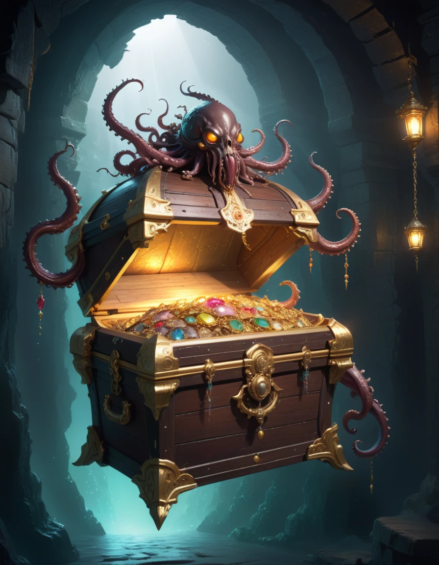 Dungeons，Floating in the air(Monster disguised as a treasure chest), Filled with jewels，1 eyes，One-Eye，Tongue，Tentacles， sharp claws and teeth, Very detailed, Complex design, Gorgeous gold embellishment, ,Ominous Presence, fantasy, Dark gloomy lights, Composition, Dramatic shadows, Rich colors, number, Concept Art, The award-winning，Luminescence example，Ray Tracing，Devout worshippers，