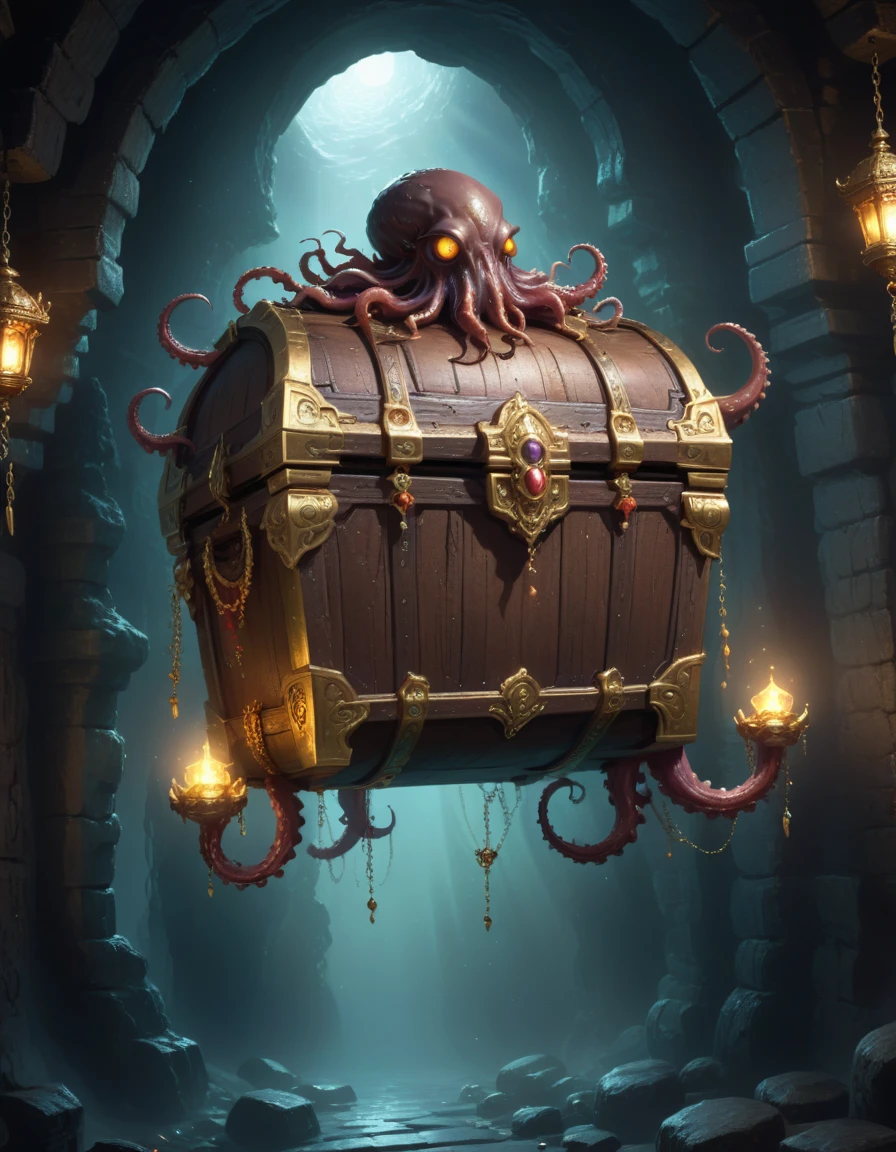 Dungeons，Floating in the air(Monster disguised as a treasure chest), Filled with jewels，1 eyes，One-Eye，Tongue，Tentacles， sharp claws and teeth, Very detailed, Complex design, Gorgeous gold embellishment, ,Ominous Presence, fantasy, Dark gloomy lights, Composition, Dramatic shadows, Rich colors, number, Concept Art, The award-winning，Luminescence example，Ray Tracing，Devout worshippers，