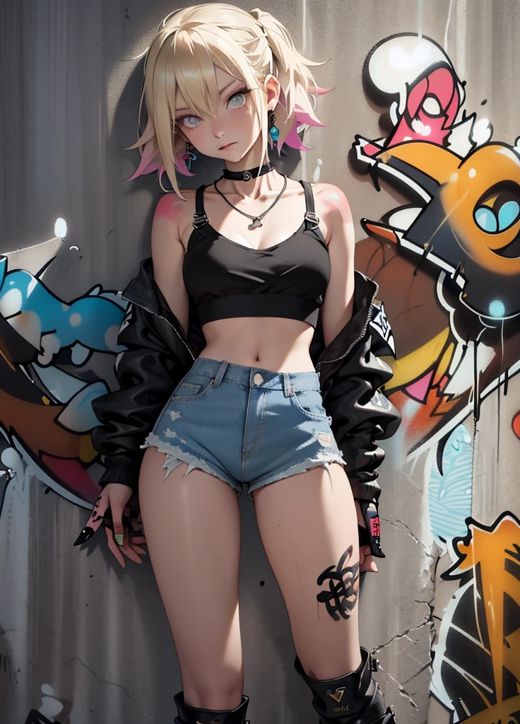 masutepiece, Best Quality, Realistic, One Woman、a blond、Solo, croptop , Denim shorts, a necklace、Black long boots、 (Graffiti:1.5), Paint splashes, behind arms, against a wall, gaze at the audience, Armbands, Thigh straps, paint on body, Head tilt, boredom, multicolored hair, aqua eyes,