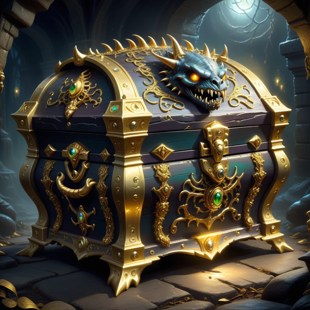 Monster disguised as a treasure chest, Very detailed, Complex design, Gorgeous gold embellishment, Shining Magic Aura, sharp claws and teeth, Ominous Presence, fantasy, Dark gloomy lights, Composition, Dramatic shadows, Rich colors, number, Concept Art, The award-winning