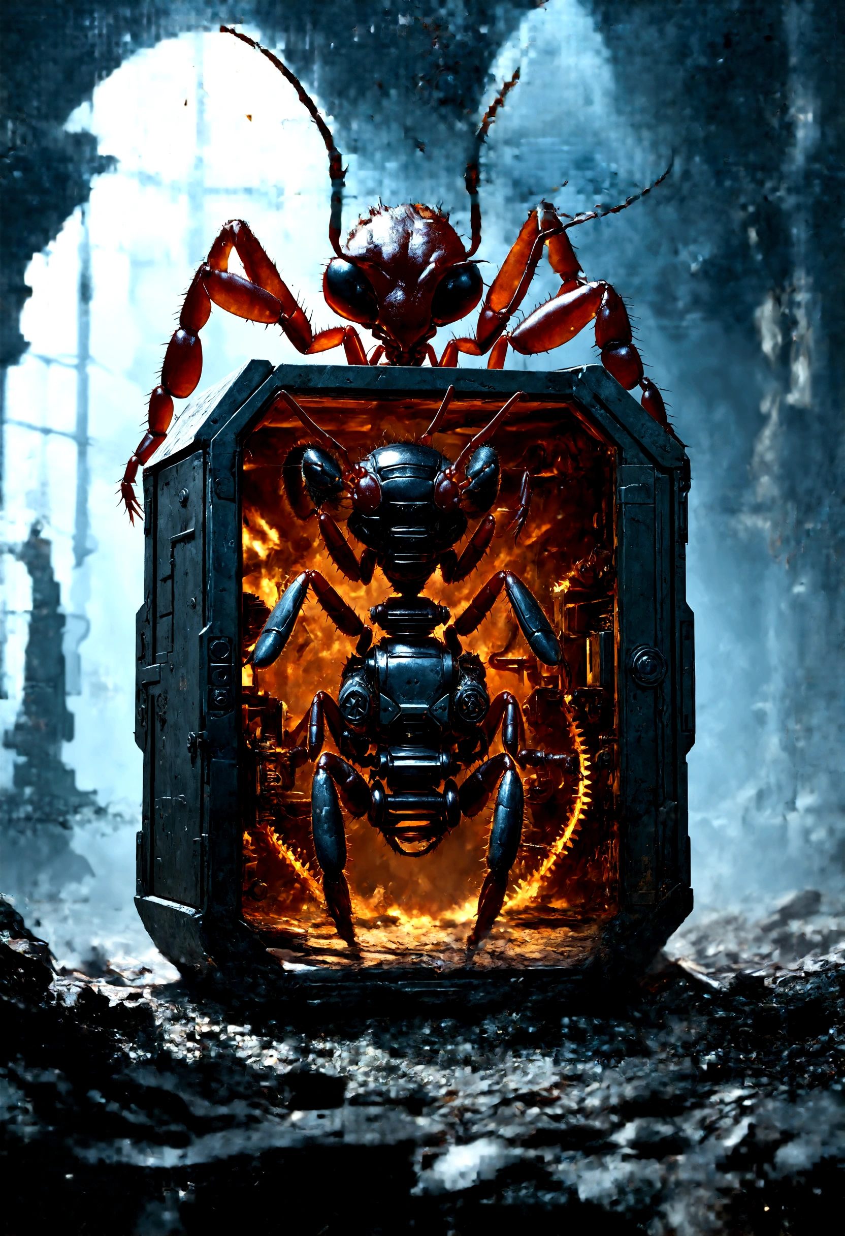 a strange irregular-shaped box, a huge ant-like monster emerging from it, intricate detailed machinery inside the box, complex gears and mechanisms, dark moody lighting, dramatic shadows, eerie atmosphere, science fiction, concept art, 8k, high quality, photorealistic