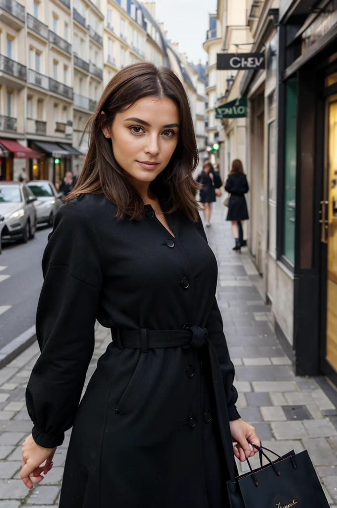 Jeune femme brune de 31 ans, yeux verts, cheveux bruns ondulés, regard coquin et séduisant, charme, visage parfait, harmonieux et attrayant, robe courte élégante noire, louboutin, shopping de luxe à Paris
