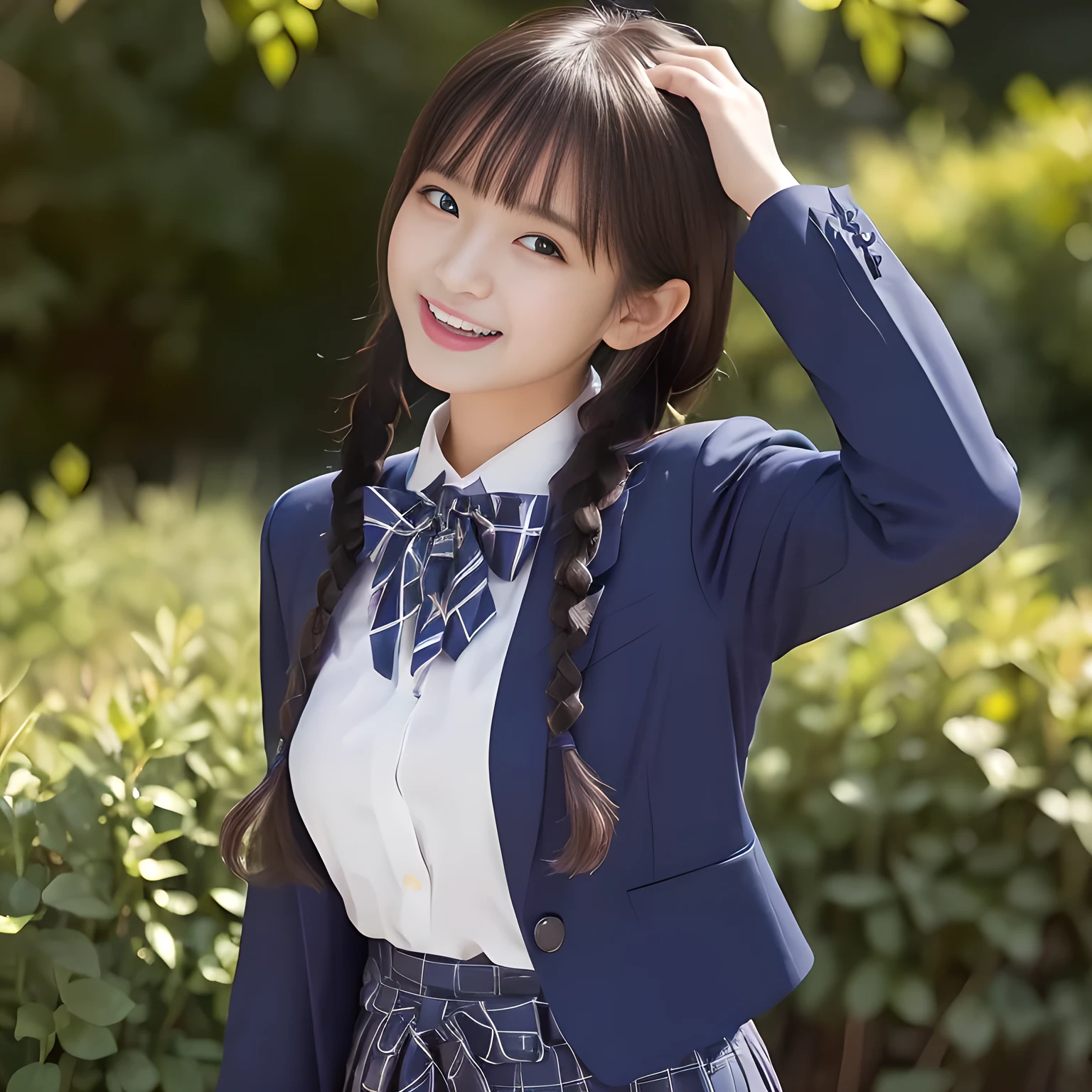 (highest quality, masterpiece:1.2), highest quality, High resolution, 1080P, 8K, Height: 158cm, ((Like a beautiful girl in my dreams、A very intelligent, very noble, pretty and neat Japanese beautiful girl fashion model.1If a person is、With the best smile、Looking at the audience、Hands over their mouths, Realistic fashion model photos)), A face that everyone loves, ((((A plump, white, round face)))),(((Plump Cheeks))), Glossy lips, (Evenly cut bangs), ((Very beautiful dark eyes)), The very large red shiny wide ribbon bowtie is very cute., ((Black Hair)), ((long twin braids)), (((A long, neat, dark navy blue checked pleated skirt))), (((Dark blue winter long sleeve blazer))), How to wear a neat uniform, Very lustrous, glossy lips, Open hand over open mouth, Ribbon in hair, slender, The ribbon is big and very pretty., Beautiful hair like a hair model, Long skirt, Watching the viewer and laughing, ((Incredibly beautiful face)), ((Pure and clear eyes)), ((laughing at me!))