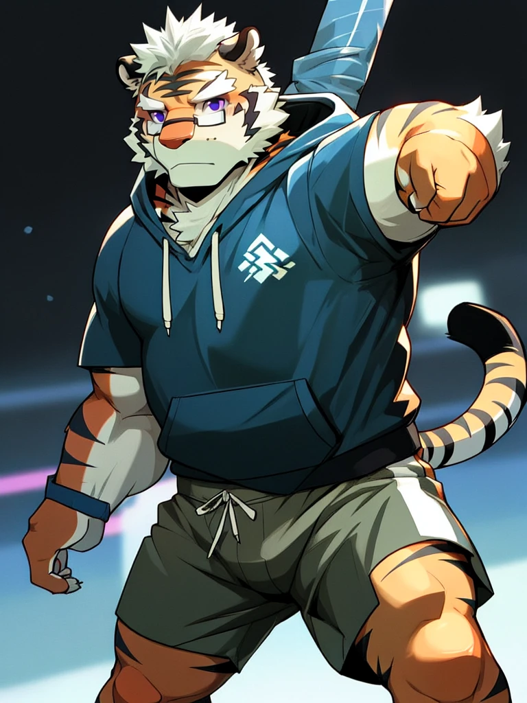 New Jersey 5 Hairy, masterpiece, high quality, anime, detailed eyes, male kosutora, anthro, tiger, Great physique, strong arms manly, (((orange tiger))), (((white hair))), goatee, white eyebrows, detailed purple eyes, tall, Joyful, (dark blue short hoodie), (((shorts cargo))), sport shoes, by zixiong, katana sword made from red gems, glasses, action pose,