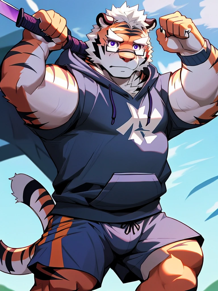 New Jersey 5 Hairy, masterpiece, high quality, anime, detailed eyes, male kosutora, anthro, tiger, Great physique, strong arms manly, (((orange tiger))), (((white hair))), goatee, white eyebrows, detailed purple eyes, tall, Joyful, (dark blue short hoodie), (((shorts cargo))), sport shoes, by zixiong, katana sword made from red gems, glasses, action pose,