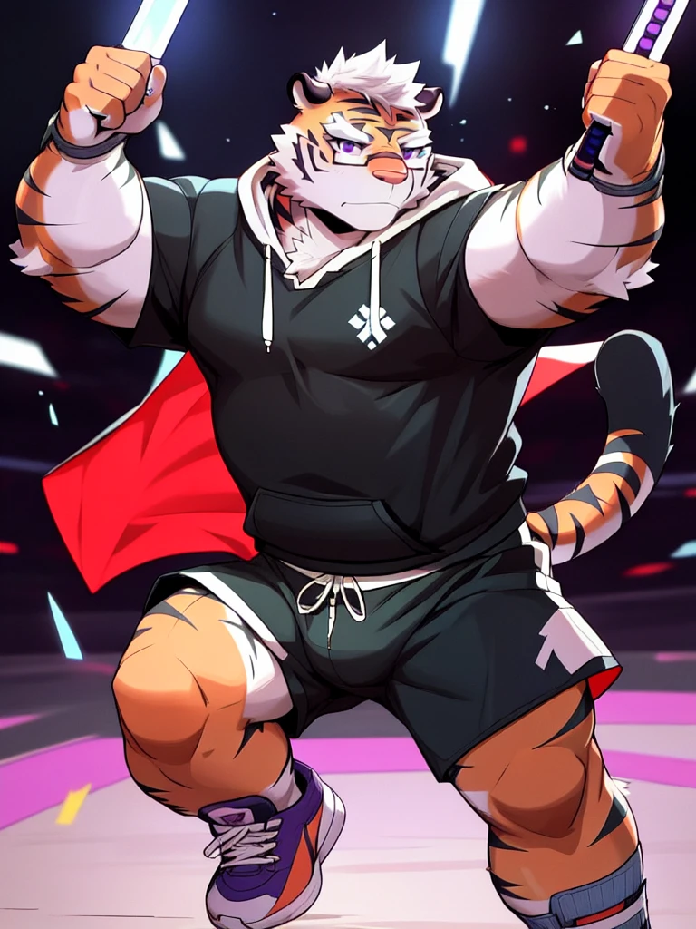 New Jersey 5 Hairy, masterpiece, high quality, anime, detailed eyes, male kosutora, anthro, tiger, Great physique, strong arms manly, (((orange tiger))), (((white hair))), goatee, white eyebrows, detailed purple eyes, tall, Joyful, (dark blue short hoodie), (((shorts cargo))), sport shoes, by zixiong, katana sword made from red gems, glasses, action pose,