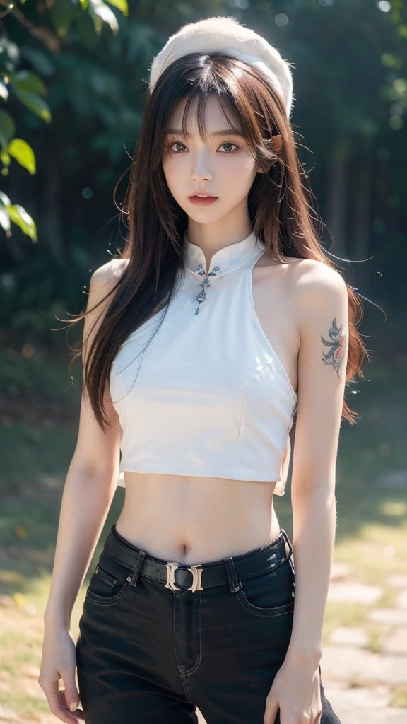 lifelike, high resolution, soft Light,1 female, Solitary, Hips up, (Delicate face), US \(piece\), Tattoo, Jewelry,long_hair, firefly, Light_particle, 松Tree_Tree, snowflake_background, milky_Way, antenna_fireworks, hat, Place your arms behind your body, blue_Eye, katana. Close-up of a girl holding a sword, Ultra-detailed fantasy characters, Complex and beautiful anime CGI style, Suitable for a white-horned succubUS, 4k detail fantasy, Highly detailed iconic characters, Handsome Biomechanical Elf, Complex fantasy characters, High detail and very sharp and intricate art. Octan Rendering, 3D rendering 8k character art, Beautiful Eyes, (Crop Top), (Black cowboy pants), (full arm tattoo), illUStration, (Shop background) ((masterpiece)), (best quality), ((Very detailed)), Beautiful and delicate Eye, (vampire), ((Modern Landscape)), (Original, high resolution), Realityism, semi-Realityism, (Overexposure, illUStration, Environment Light), (Delicate and meticuloUS), (Very detailed), (Light and Shadow_symmetry:1.3), Light Slippery, (Perfect shadow), (Perfect Rendering), (Dynamic angle, Natural posture), ((Good anatomy)), (微Lol), Evil chi, (Sweet ginger hair), (Hair covers one eye), (Delicate face), ((Complex surface)), 微Lol, Depth of Field, Dynamic from above, 灯Light, (Reality), (Clear focUS)(Geoffrey Catherine Jones Style,:1.0),(Liu Ye's style:0.9), cowboy_shooting,(1 girl solo:1.1),Heart,(Heartbeat:1.1),Multi-layered long-sleeved dress,((pink) Gradient to white) Flower Paper Cut Layer, Breaking the darkness_background,Anti-Light cloth,(Gradient clothes:1.2),(Heart Hand:1.3),(Hair covers one Eye:1.6),钻hair,Side Mao Insult,Lol,(blUSh:1.3),