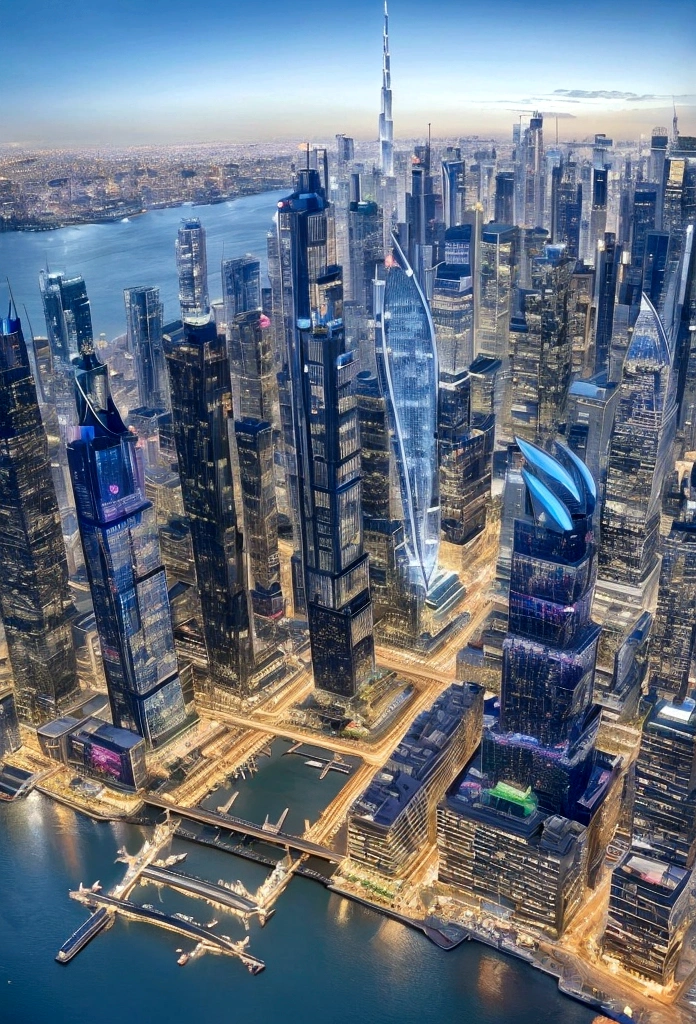 Generate an image of a futuristic city that blends the architectural styles and iconic elements of Dubai, Manhattan, and Tokyo. The cityscape should feature a mix of towering skyscrapers with the sleek, modern design of Dubai, the dense, grid-like structure of Manhattan, and the vibrant, neon-lit streets of Tokyo. Incorporate key elements such as Dubai's futuristic buildings and waterfront, Manhattan's iconic skyline and Central Park, and Tokyo's bustling Shibuya Crossing and traditional temples. The city should exude a cosmopolitan and energetic atmosphere, seamlessly integrating the distinct characteristics of these three cities into a cohesive urban environment.