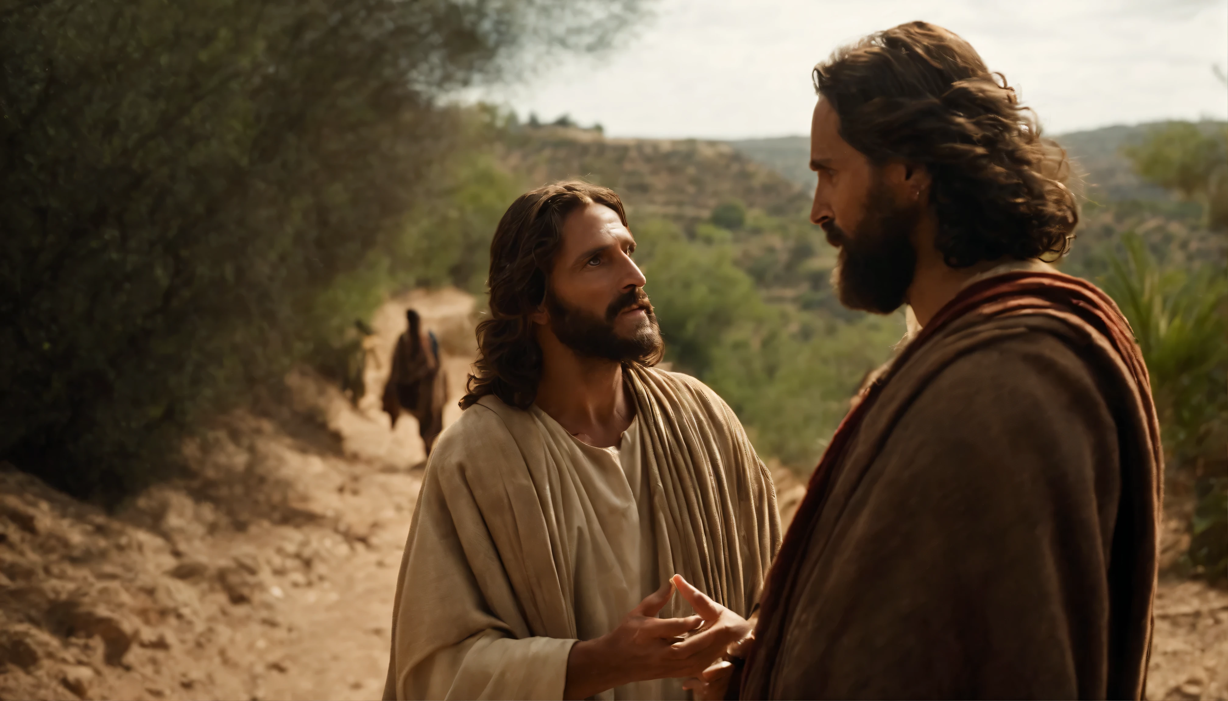 Jesus Christ talking to an official on his way to Capernaum. Jesus is on a dirt road. the landscape is of ravines, Jesus time. there are disciples with them. the employee meets Jesus.