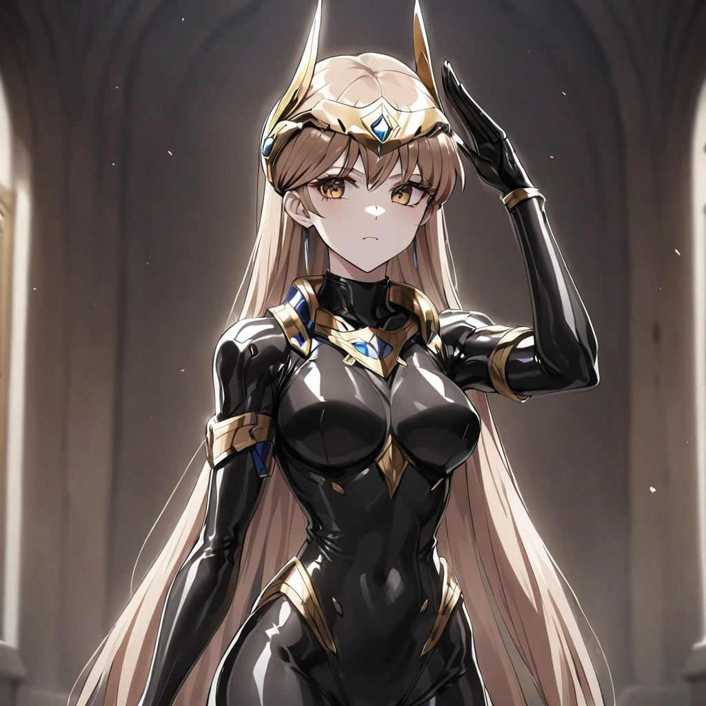 ((Highest quality)), ((masterpiece)), (detailed), (Perfect Face)、The woman is Princess Leona, with medium-long light brown hair, wearing a black shiny bodysuit, mask and headgear, standing upright while saluting, and becoming an evil fighter.、Women are brainwashed, expressionless, and have no highlights in their eyes.