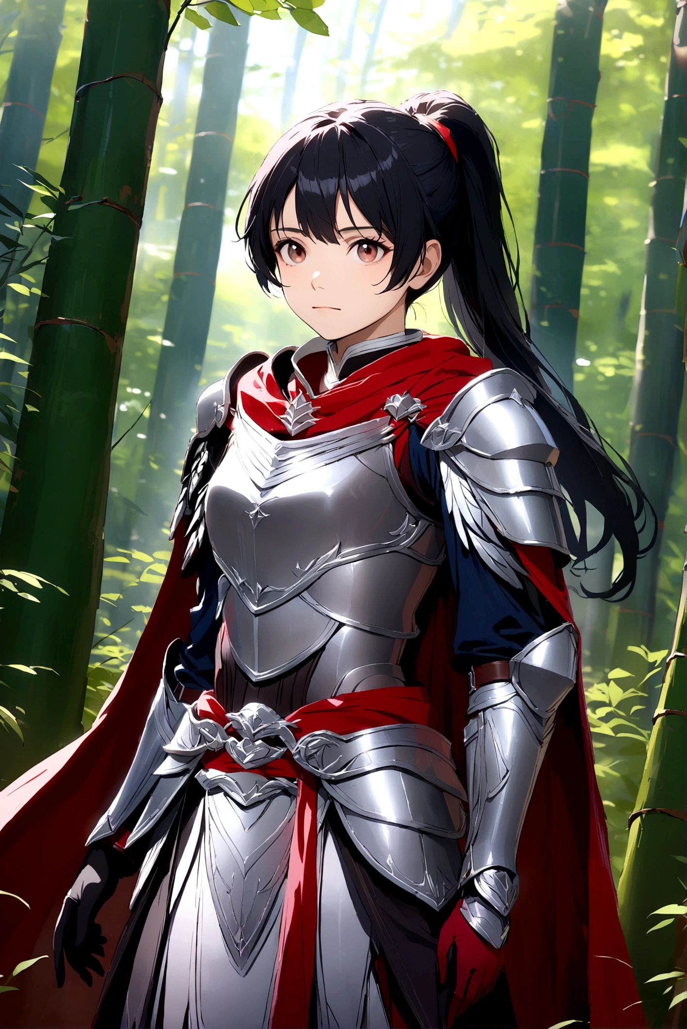 1 Girl, Solitary, Long hair, Looking at the audience, Black Hair, Brown eyes, permanent, Ponytail, outdoor, cape, armor, shoulder armor, nature, forest, Breastplate, Practical, red cape,