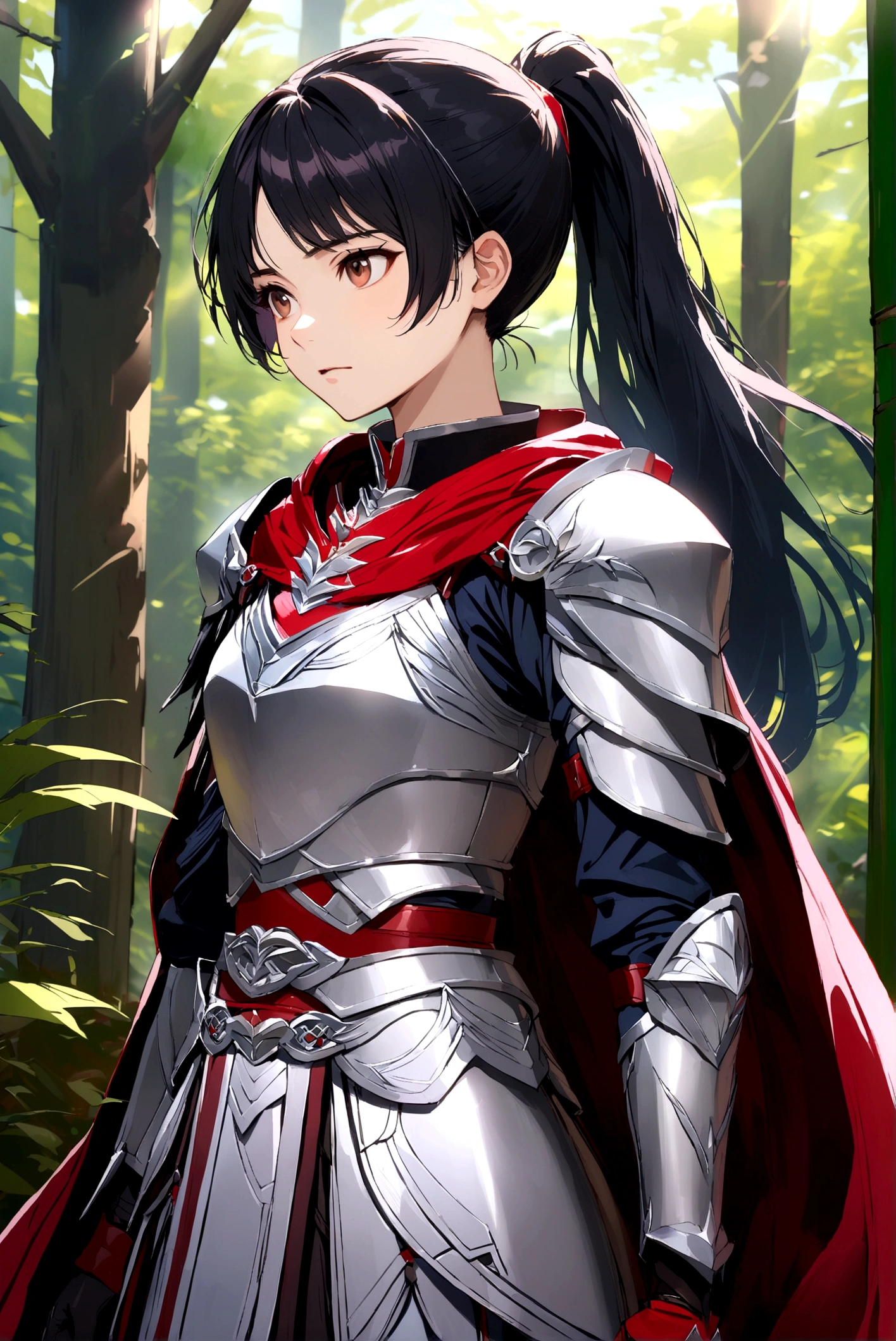 1 Girl, Solitary, Long hair, Looking at the audience, Black Hair, Brown eyes, permanent, Ponytail, outdoor, cape, armor, shoulder armor, nature, forest, Breastplate, Practical, red cape,