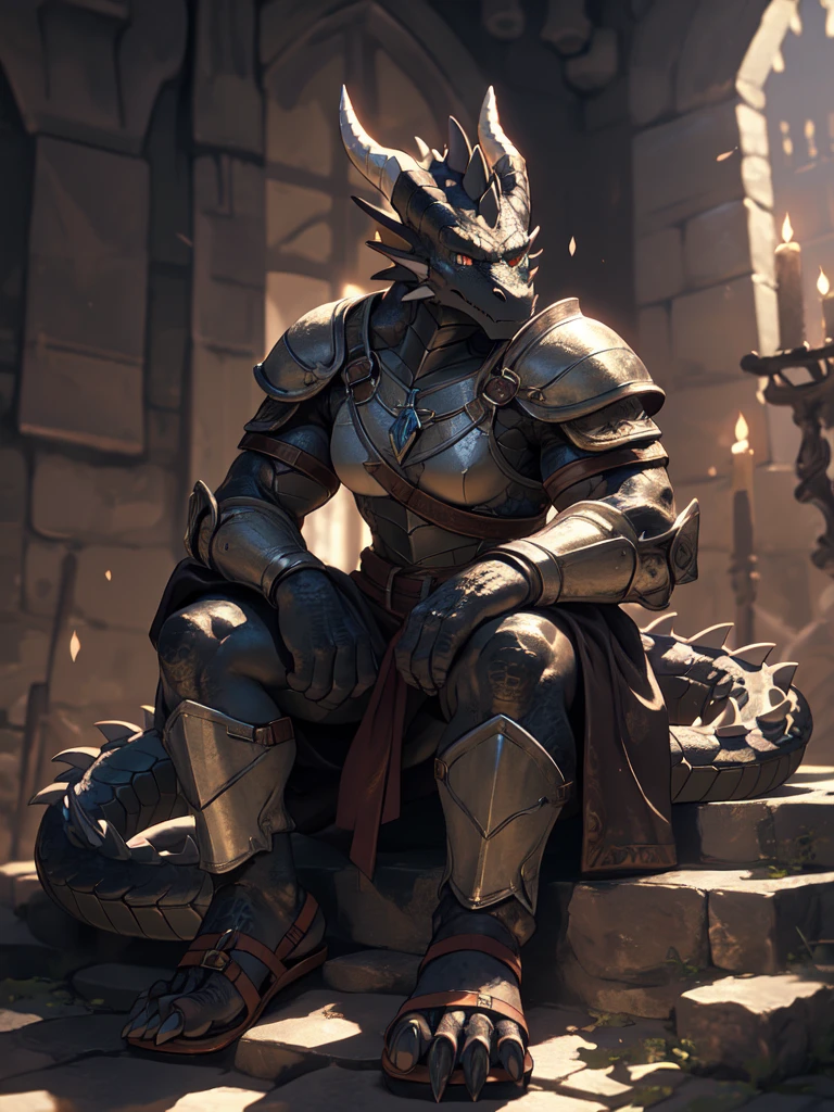 solo, kemono, (dragon), anthro, female, ((black body)), scales, tail, muscles, medium breasts, handsome, armor, medieval, sitting, toe claws, leather sandals,epic, depth of field, perfect lighting,(best quality),(masterpiece),(ultra detailed)