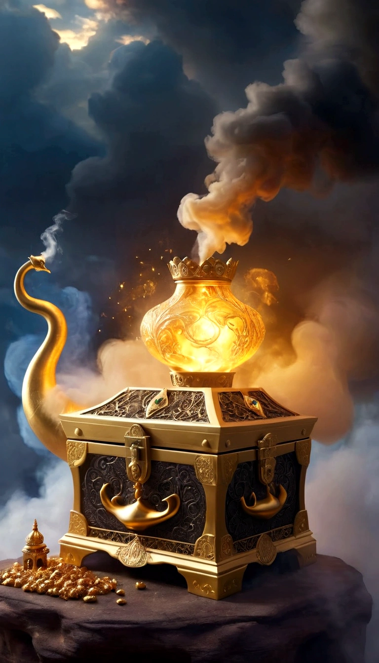 Mimic/Treasure Box Monster，Inspired by《Aladdin's magic lamp》，Smoke coming out of the golden treasure chest，The thick smoke gradually turned into a monster in the sky，in style of Maximalism ,