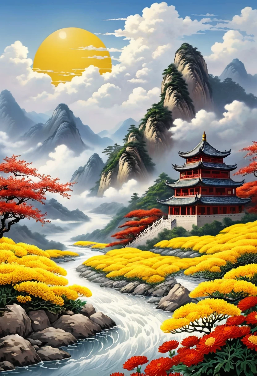 National tide wind, (Big Red Sun :1), Mountains, Clouds :1, Mountains, rivers, Flowers, Hills, Peaks, Mountains, wall of china, Auspicious clouds, Mountains, Yellow chrysanthemum