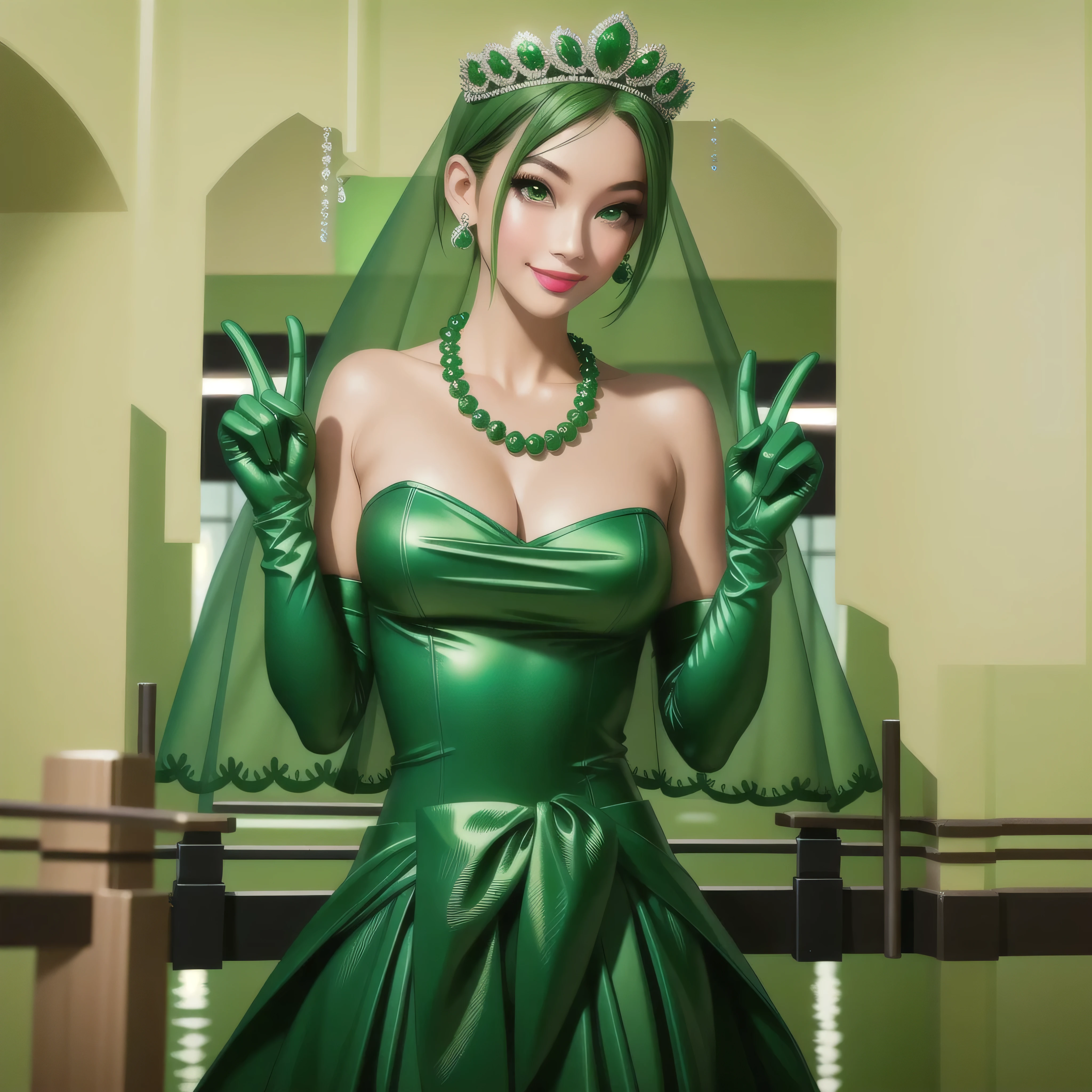 emerald tiara, Green Pearl Necklace, Boyish very short green hair, Green Lips, Smiling Japanese woman, Very short hair, Busty beautiful lady, Green Eyes, Green satin long gloves, Green Eyes, Emerald Earrings, Green veil, Vsain, Green Hair, Beautiful Japanese Woman, green lip gloss