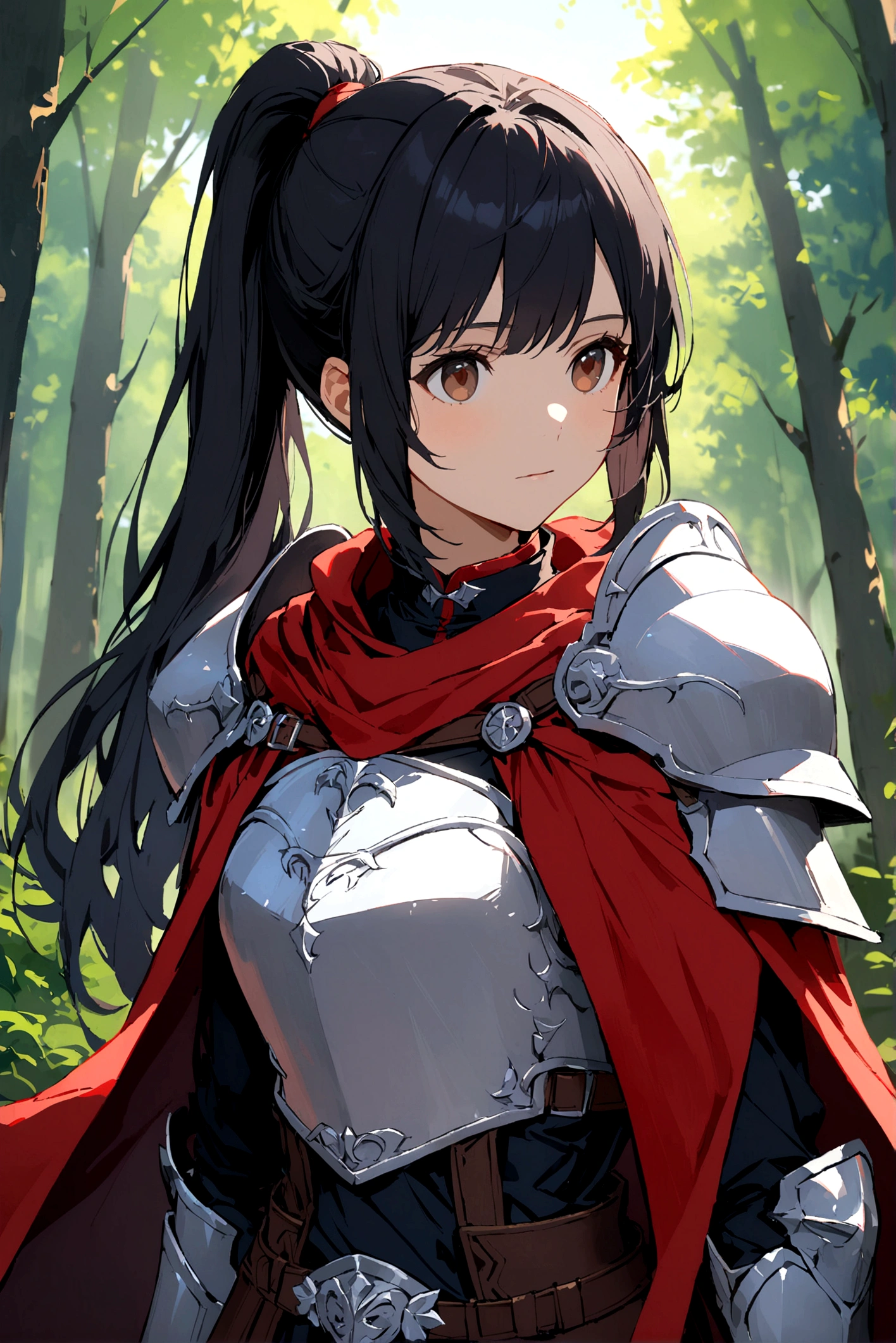 1 Girl, Solitary, Long hair, Looking at the audience, Black Hair, Brown eyes, permanent, Ponytail, outdoor, cape, armor, shoulder armor, nature, forest, Breastplate, Practical, red cape,