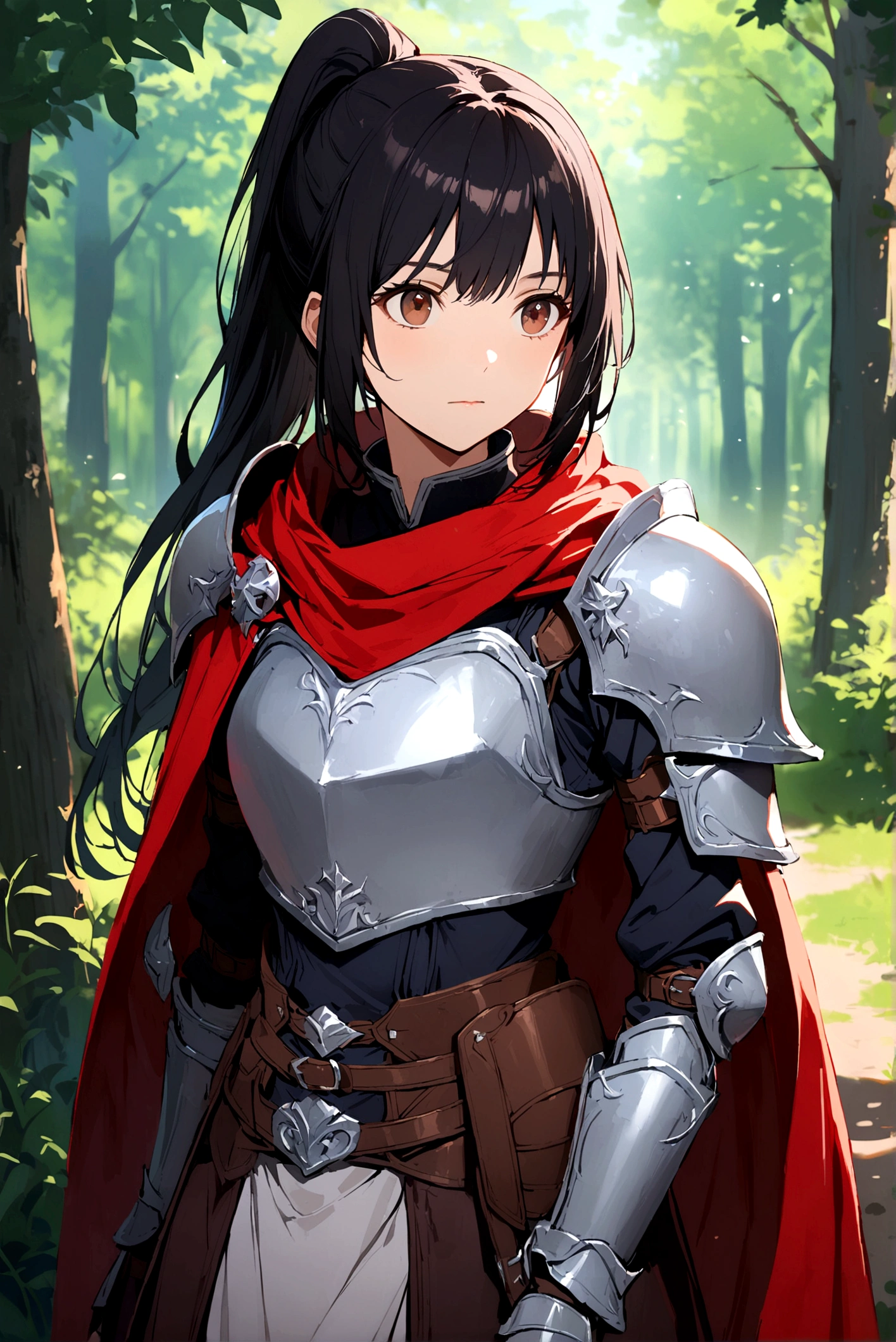 1 Girl, Solitary, Long hair, Looking at the audience, Black Hair, Brown eyes, permanent, Ponytail, outdoor, cape, armor, shoulder armor, nature, forest, Breastplate, Practical, red cape,