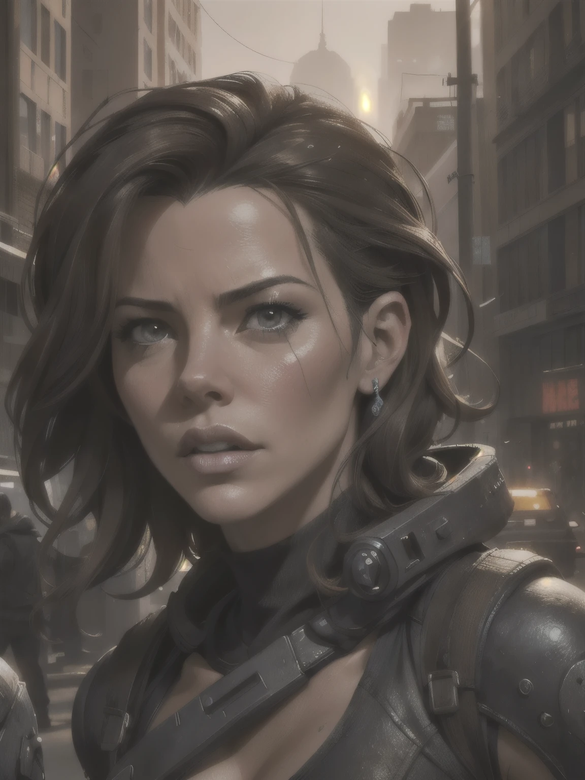 Hyperrealistic close-up photo of Kate Beckinsale, work of art, best qualityer, (photorrealistic:1.4),  Create dystopian work of arts. Depict the cityscape in the gritty style of the game&#39;s concept art. This work should evoke a feeling of abandonment and despair in a futuristic setting.., post-apocalyptic world. Notice the intricacies of the details, the sharp focus.