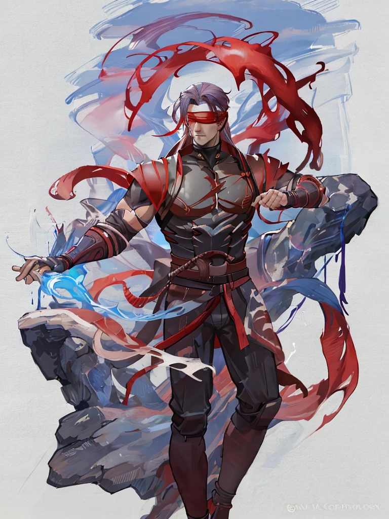 "Create a highly detailed digital painting of Kenshi from Mortal Kombat. Kenshi is standing in a dynamic fighting pose, his red headband flowing in the wind. His iconic katana is unsheathed and glowing with a mystical blue energy. The background is a dark, mystical forest with fog and eerie blue lights illuminating the scene. Kenshi's blindfolded eyes and determined expression should reflect his intense focus and warrior spirit."