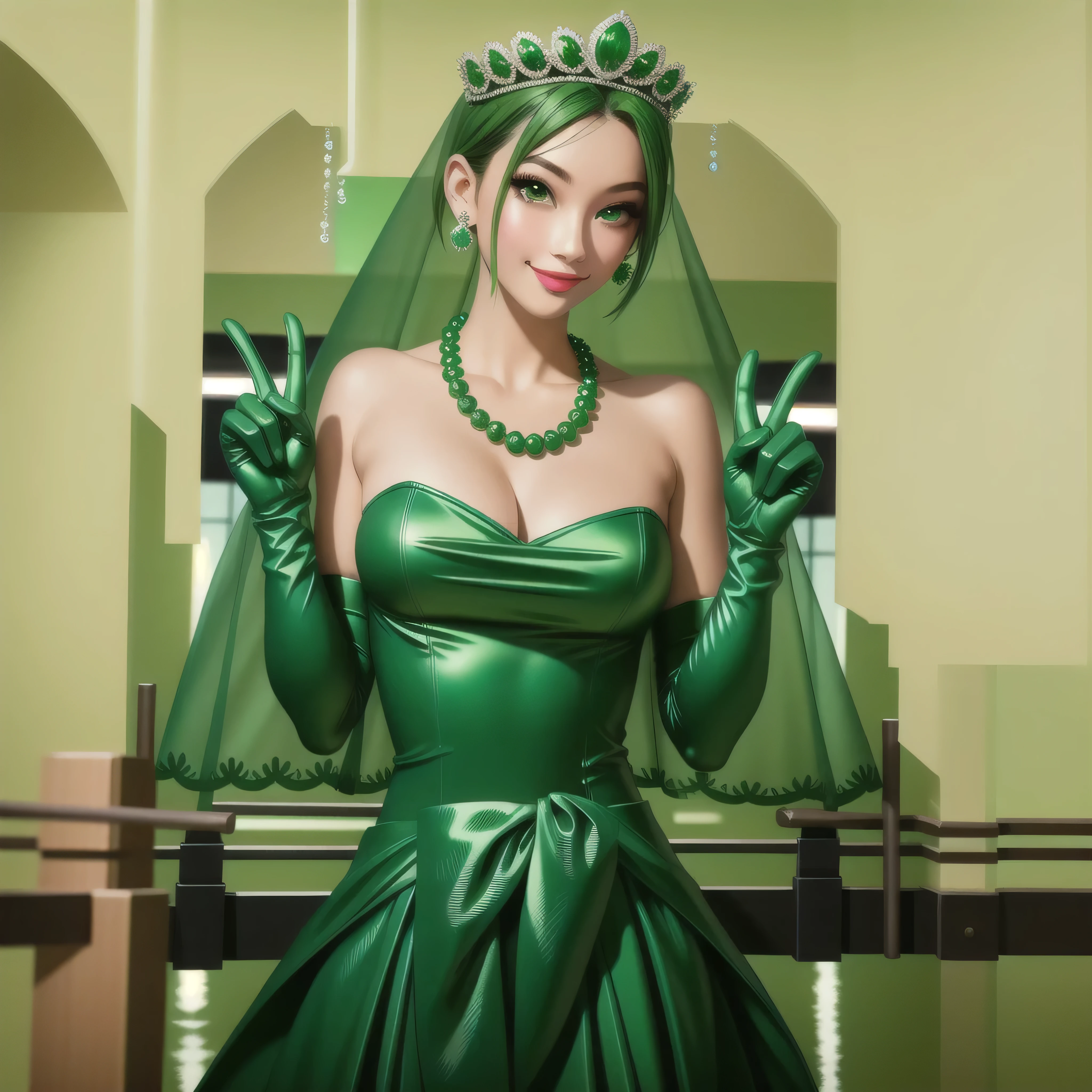 emerald tiara, Green Pearl Necklace, Boyish very short green hair, Green Lips, Smiling Japanese woman, Very short hair, Busty beautiful lady, Green Eyes, Green satin long gloves, Green Eyes, Emerald Earrings, Green veil, Vsain, Green Hair, Beautiful Japanese Woman, green lip gloss