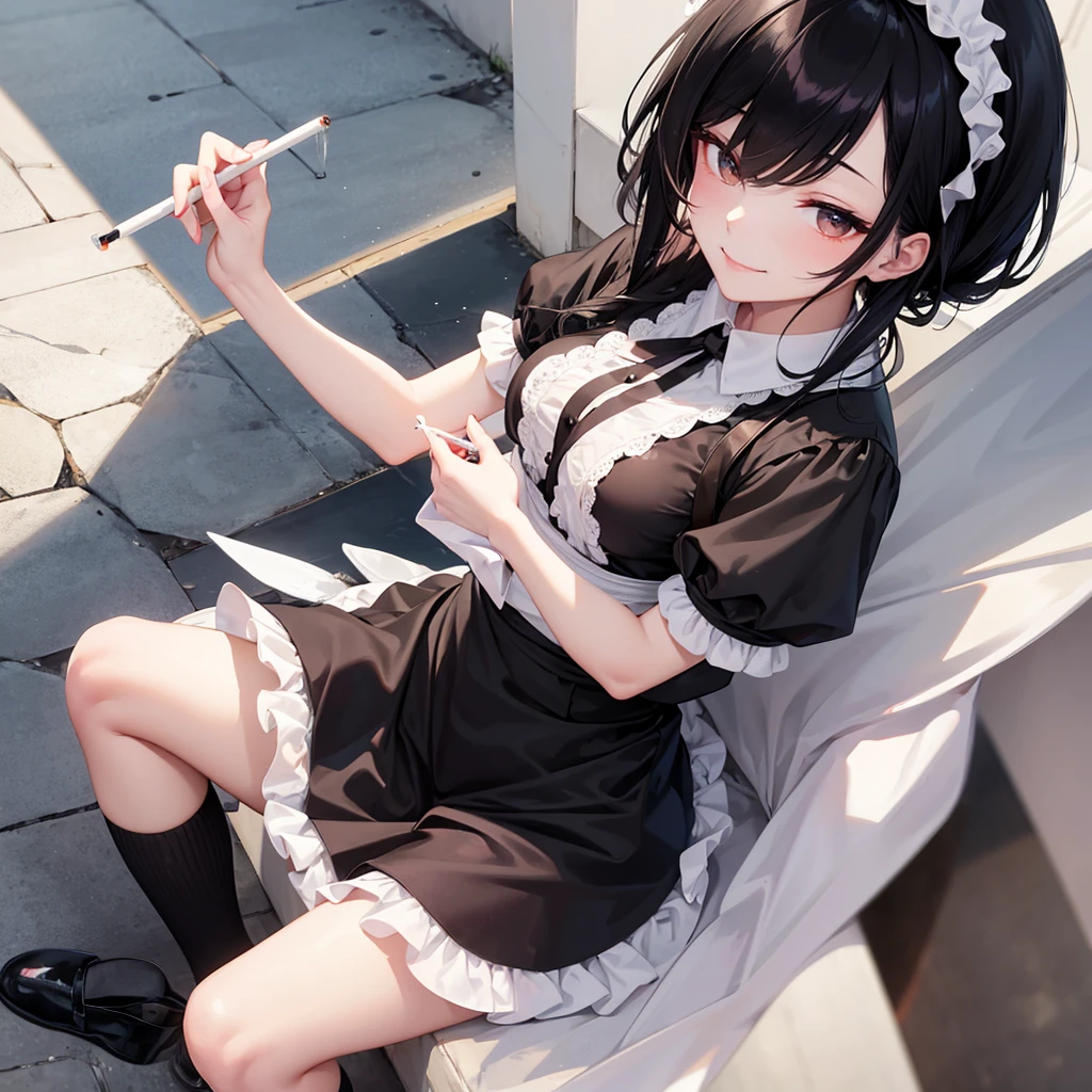 Black Hair, maid clothes,Thighs,Mansion,Maid knitting on the windowsill, anime style
