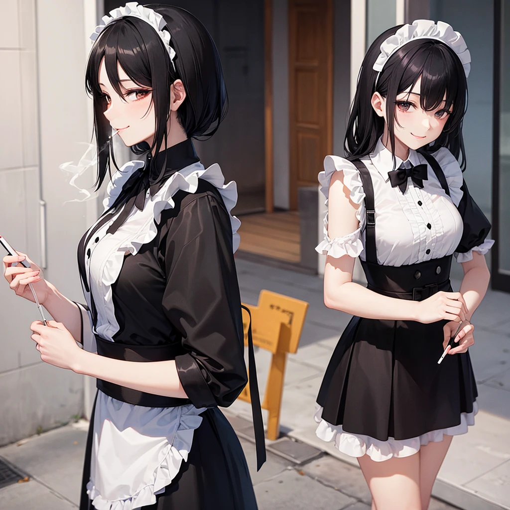 A black-haired maid is smoking a cigarette outside, smiling fearlessly.。 (1people)