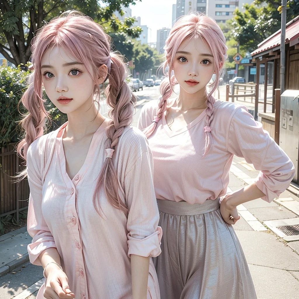 Light pink hair, Pink Eyes, Pink and white, blue sky, Vibrant colors, blouse white、Splash, Light Racing, Wavy long hair、Splash、Light of the sun、Pigtails