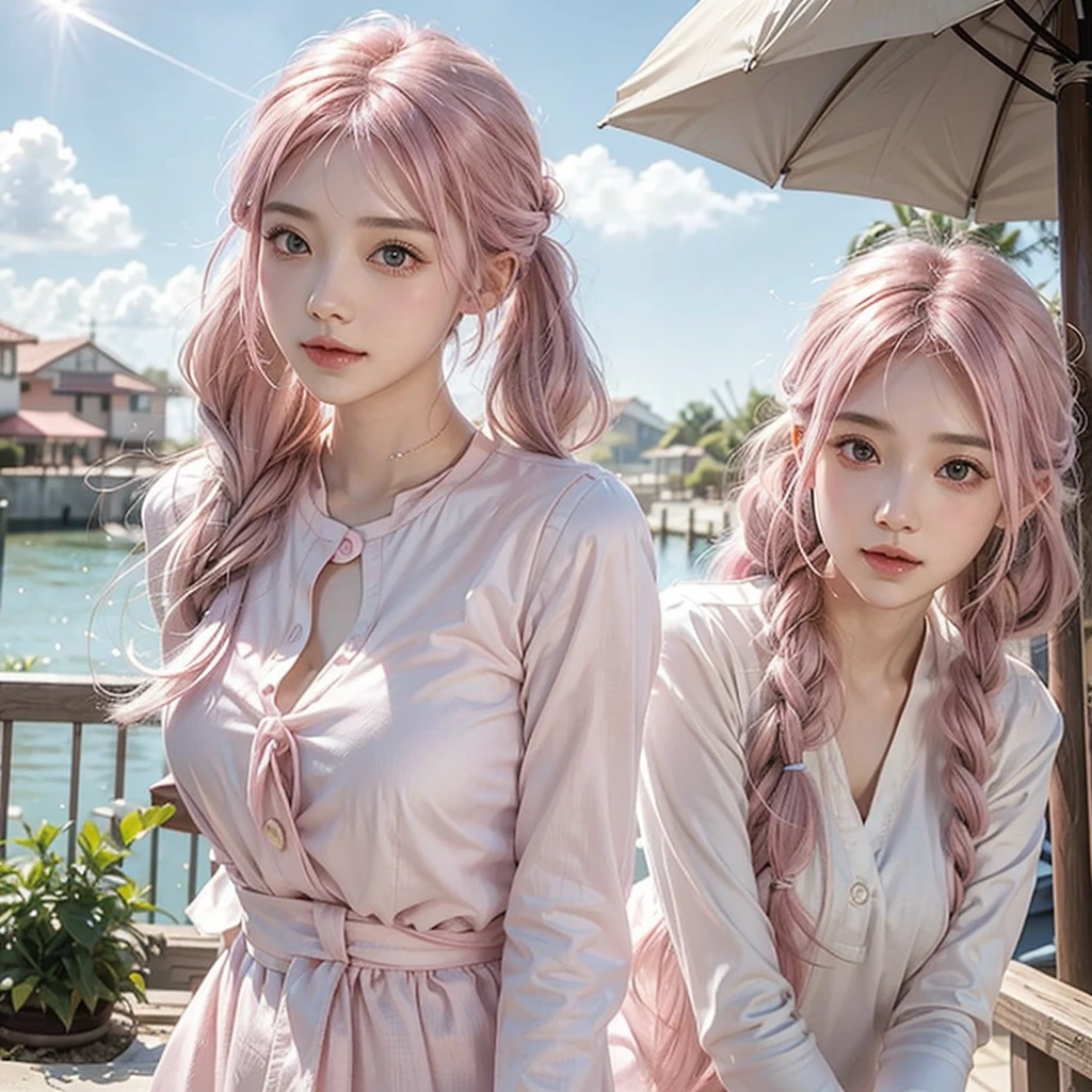 Light pink hair, Pink Eyes, Pink and white, blue sky, Vibrant colors, blouse white、Splash, Light Racing, Wavy long hair、Splash、Light of the sun、Pigtails