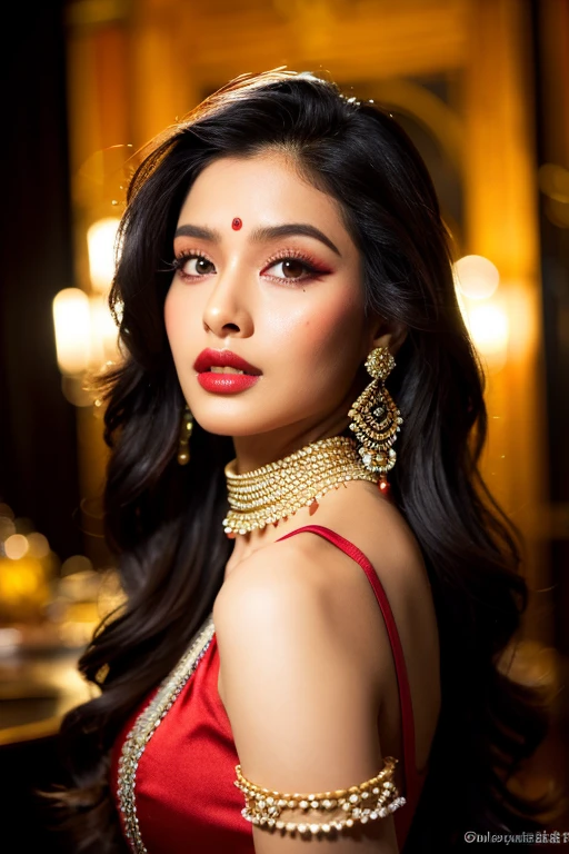 a beautiful indian woman in hollywood clothing, ultra detailed, hyper realistic, full body shot, highly detailed face, long dark hair, smoky makeup, bright red lips, glamorous jewelry, elegant pose, dramatic lighting, photorealistic, 8k, best quality, extremely detailed, (realistic:1.4), (photorealistic:1.4), (masterpiece:1.2), cinematic, dramatic lighting, dramatic setting, high fashion, supermodel, hot, sensual, alluring, captivating