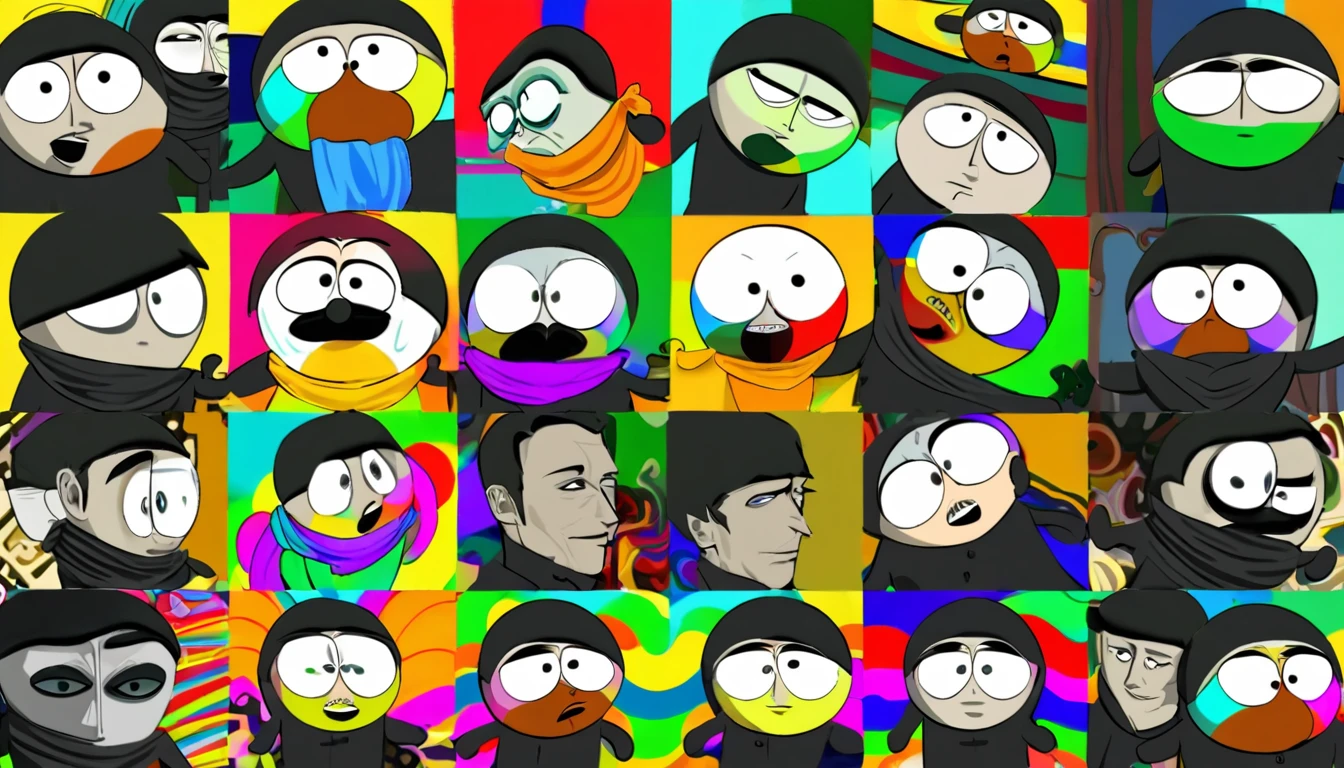 The Parisian man: Slender and elegant body, wearing an expensive suit and scarf. Well-combed black hair, expression of superiority. Style: refined features with narrow eyes, maintaining comical simplicity. Style: mix of "South Park" with anime features (big eyes and colorful details).