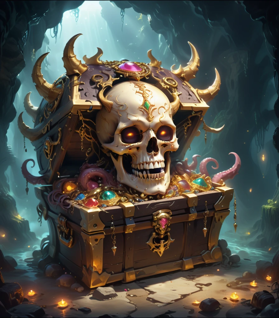 Dungeons,Floating in the air(Monster disguised as a treasure chest), Filled with jewels,1 eyes,One-Eye,Tongue,Tentacles, sharp claws and teeth, Very detailed, Complex design, Gorgeous gold embellishment, ,Ominous Presence, fantasy, Dark gloomy lights, Composition, Dramatic shadows, Rich colors, number, Concept Art, The award-winning,Luminescence example,Ray Tracing,Devout worshippers,Human skulls piled on the ground