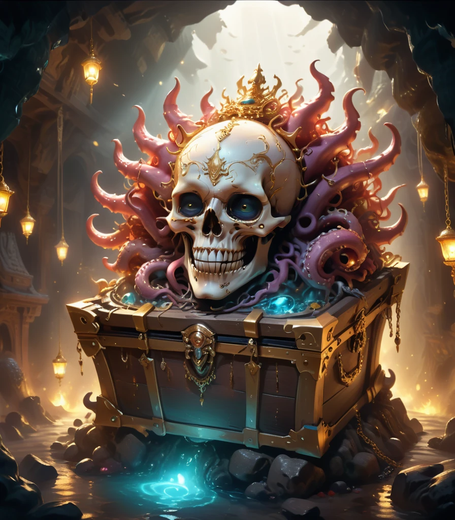 Dungeons，Floating in the air(Monster disguised as a treasure chest), Filled with jewels，1 eyes，One-Eye，Tongue，Tentacles， sharp claws and teeth, Very detailed, Complex design, Gorgeous gold embellishment, ,Ominous Presence, fantasy, Dark gloomy lights, Composition, Dramatic shadows, Rich colors, number, Concept Art, The award-winning，Luminescence example，Ray Tracing，Devout worshippers，Human skulls piled on the ground